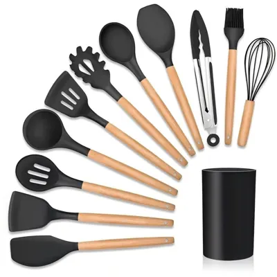 Kit 12 Utensílios de Cozinha em Silicone e Bambu
